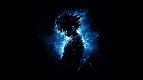 Silhouetted spiky haired anime fighter glows in blue energy