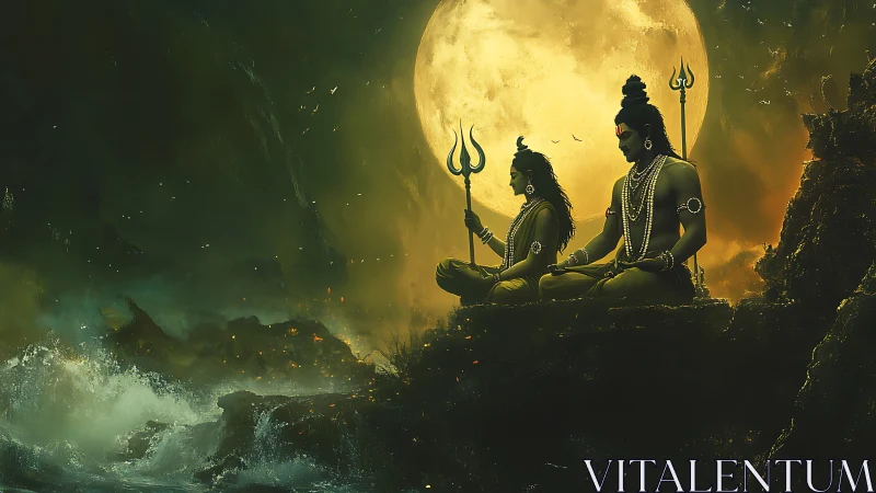 Meditative deities beneath roaring seas and lunar blaze.