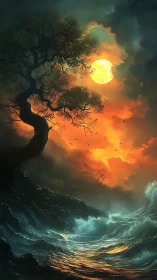 Moonlit tempest crowns a burning horizon of stormfire skies.