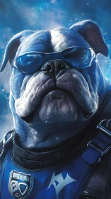Bulldog in futuristic blue armor and goggles stares forward