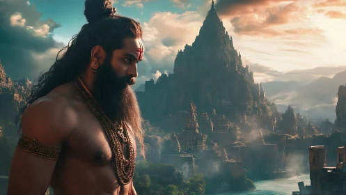 Warrior-priest profile before towering temple city in volumetric light