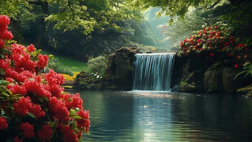 Tranquil Garden Waterfall with Lush Greenery and Red Flowers.