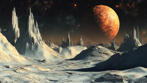 Frozen alien landscape extends beneath large cratered planet