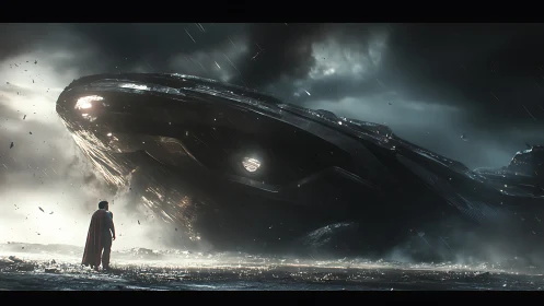 Figure observing grounded spacecraft in storm environment.