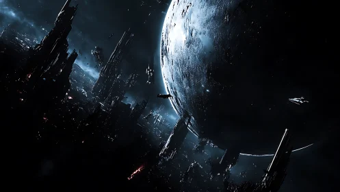 Colossal dark planet looms above shattered sci‑fi megacity.