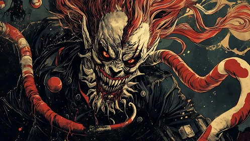 Carnival nightmare clown lunges with serpentine candy limbs.