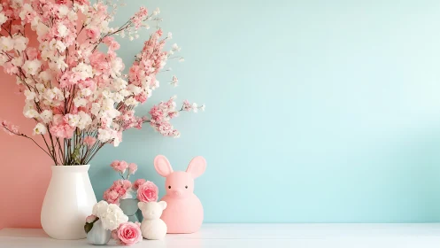 Soft pastel flowers with kawaii bunny decor on split wall.