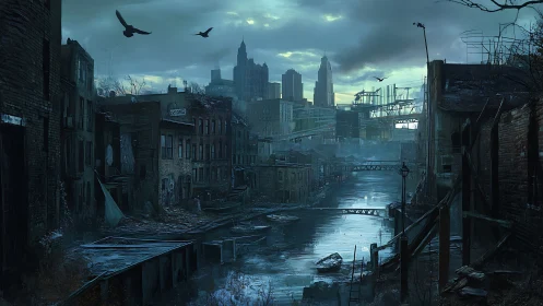 Desolate canal city awaits dawn beneath looming cold towers