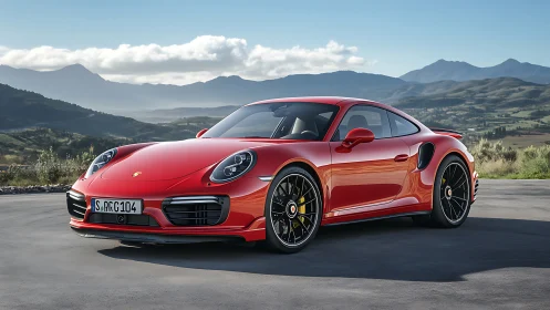 Red Porsche sports coupe parked on open mountain road.