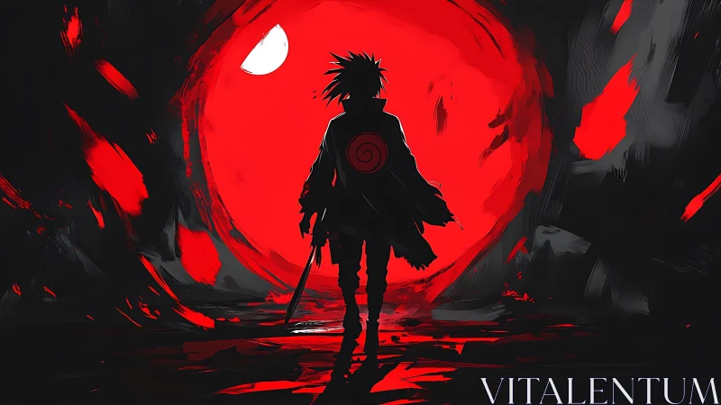 Silhouetted swordsman before red vortex moon in dark cavern