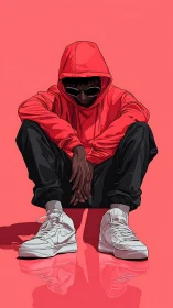 Hooded figure seated in streetwear against solid pink field.