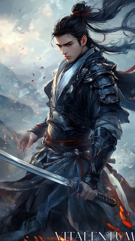 Storm-lit swordsman in obsidian armor amid swirling embers.