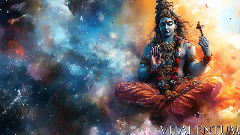 Blue-skinned deity figure sits cross-legged in cosmic clouds