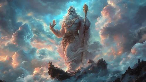 Majestic sky god rising among glowing storm clouds.