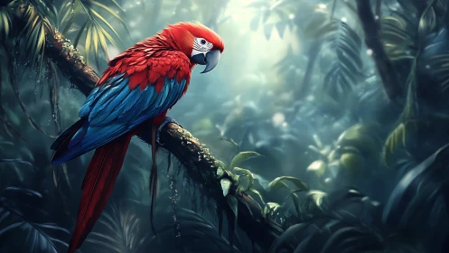 Scarlet macaw rests on a misty jungle branch at dawn.