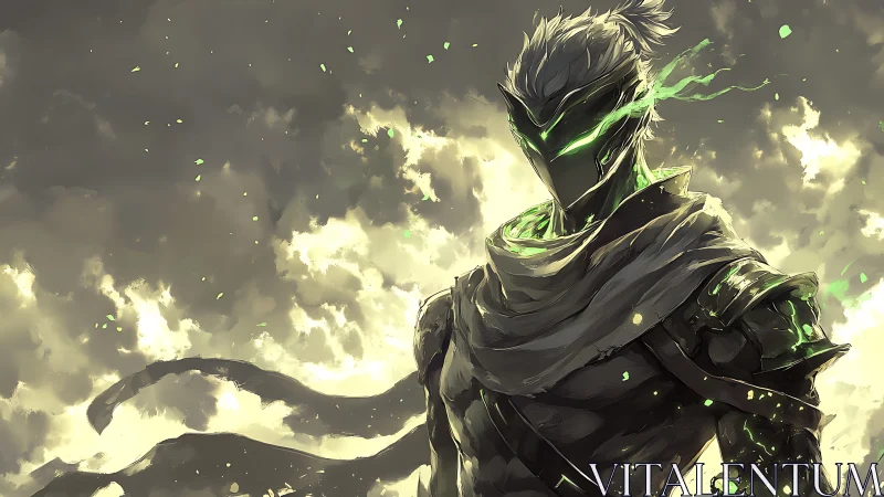 Armored rogue with neon energy aura stands before storm clouds