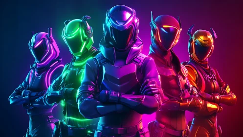 Neon-armored cyber squad under tri-color rim lighting stands aligned