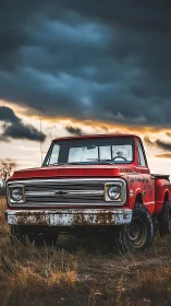 Weathered red pickup under storm-lit prairie sky at dusk.
