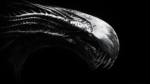 Monochrome biomechanical alien head in stark profile.