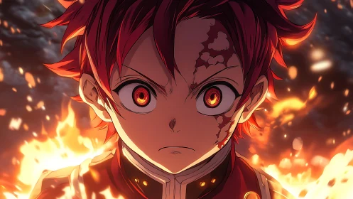 Determined red haired anime warrior framed by rising flames.