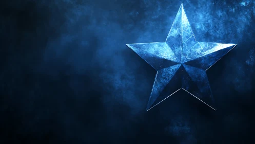 Blue metallic five-point star floats on textured dark background