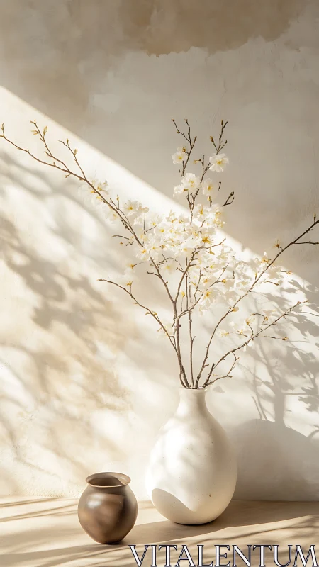 Soft sunlight hits ceramic vases with delicate white blossoms
