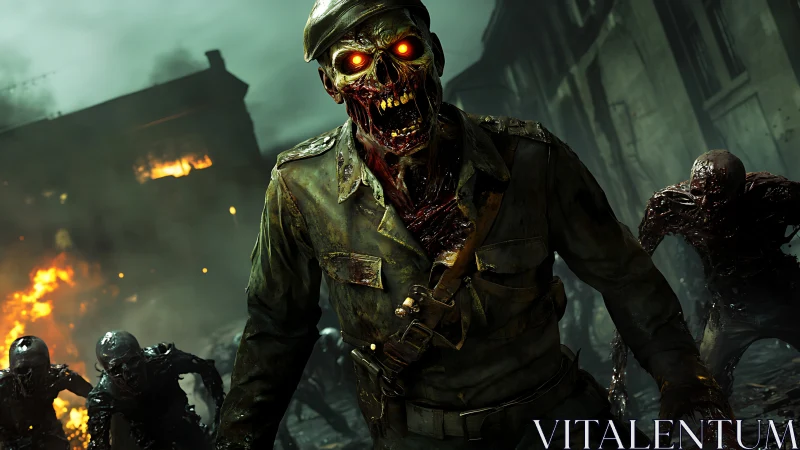 Undead soldier advances through burning urban war zone