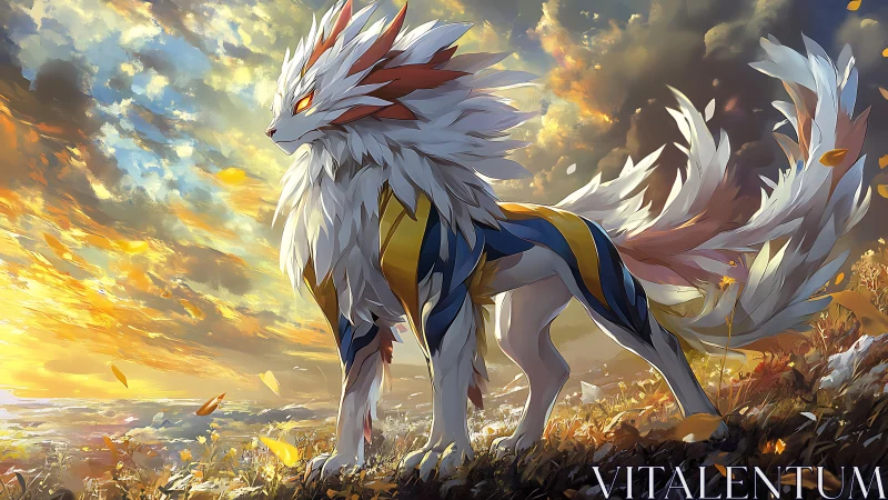 Majestic elemental wolf stands over glowing sunset field.