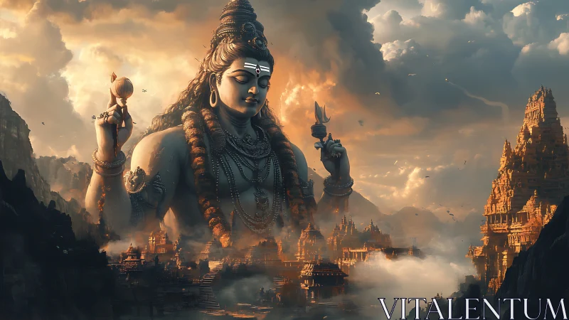 Colossal Shiva deity above misty temples at golden dusk.