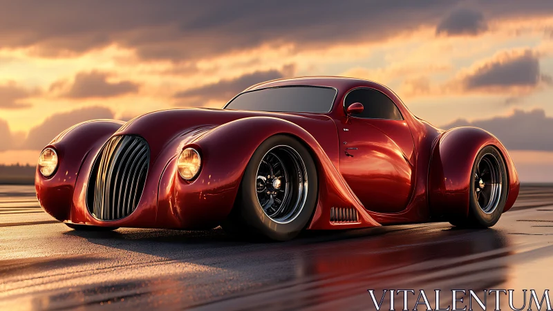Streamlined red retro-futurist coupe on wet runway at sunset