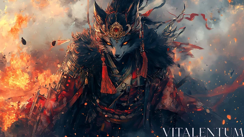 Armored fox warrior spirit amid swirling fire and smoke.