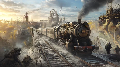 Steam train crosses war-torn industrial wasteland at dawn
