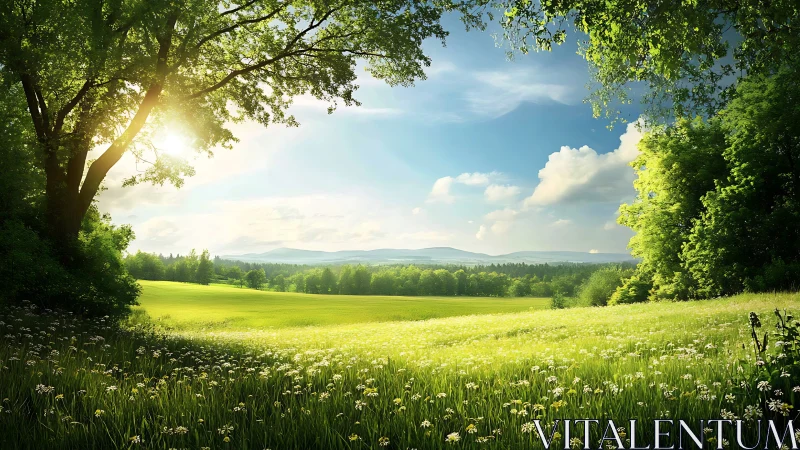 Sunlit wildflower meadow frames distant blue hills.