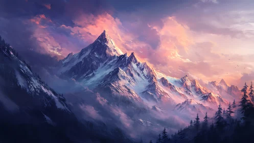 Digital painting of alpine peaks under radiant dusk sky.