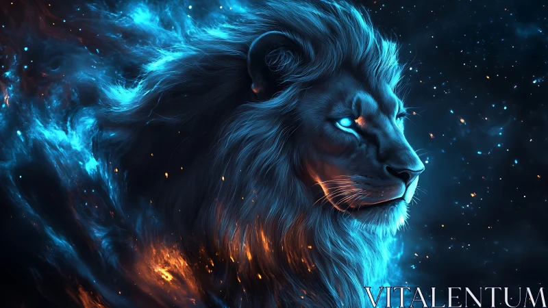 Mythic cosmic lion portrait in luminous digital painting.