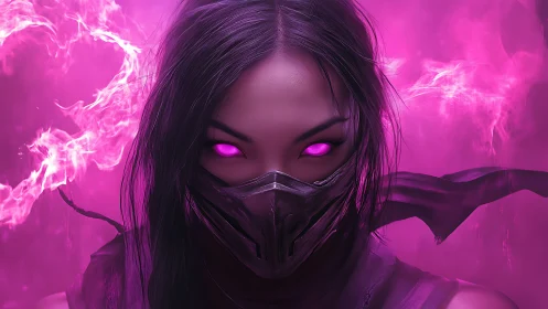 Masked figure with glowing magenta eyes in energy haze.