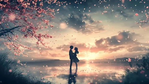 Silhouetted couple under cherry blossoms at reflective lakeshore