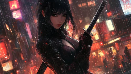 Female swordswoman in rainlit urban alley with neon signage.