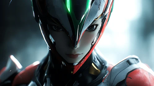 Cyborg pilot in sleek battle armor stares ahead intensely