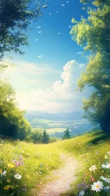 Sunlit wildflower path overlooking distant valley fields.