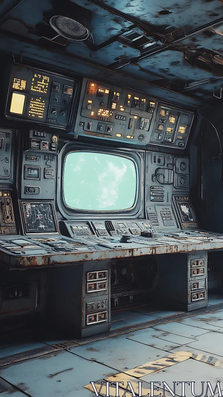 Retro sci fi control room shows aging starship command console
