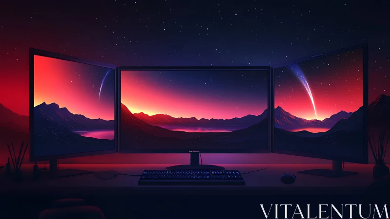 Triple-monitor workstation shows stylized sunset landscape
