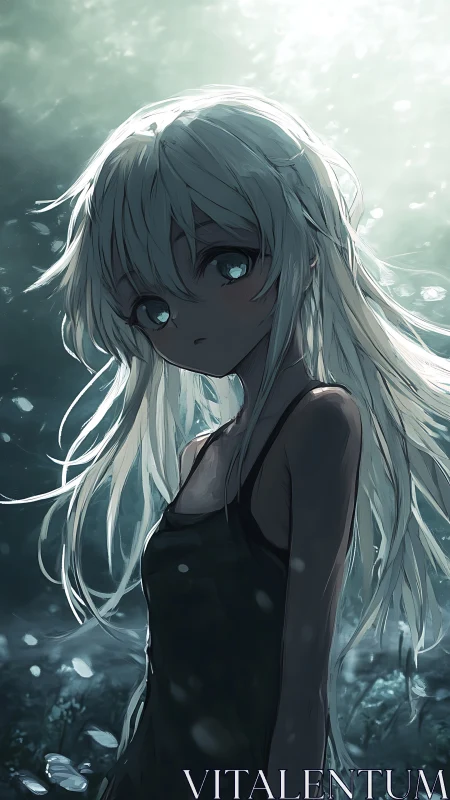 Moonlit sea child drifting in teal-tinted underwater hush.