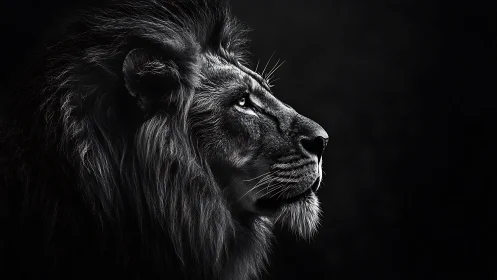 Regal lion profile glows against deep shadowed darkness.
