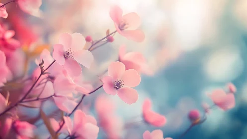 Shallow-depth close-up isolates pastel blossoms in diffused backlight