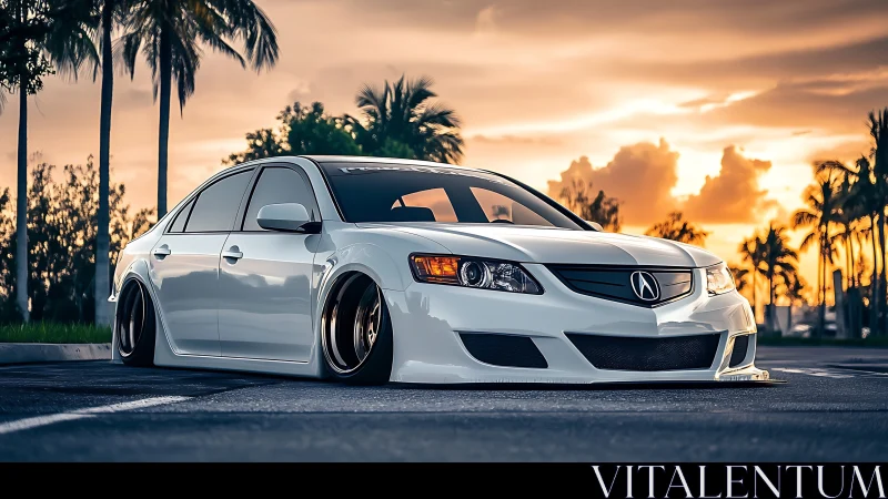 Lowered white Acura sedan at sunset in palm-lined lot.