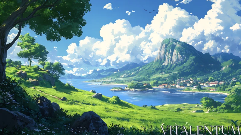 Sunlit coastal valley stretches beneath towering green cliffs