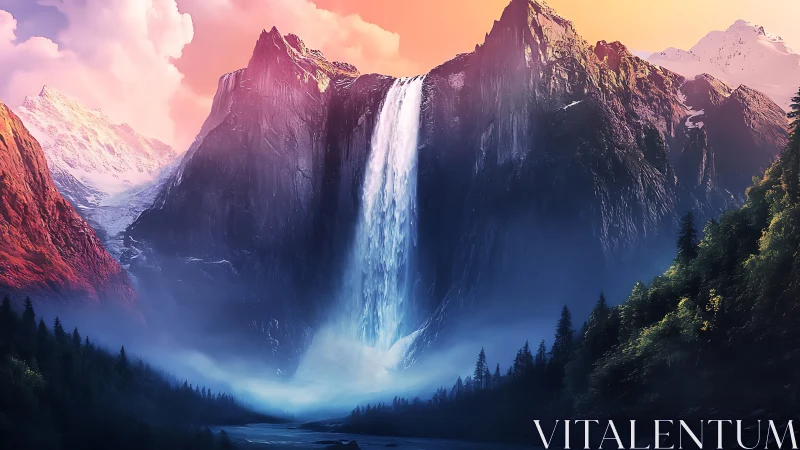 Skyfall cascade draped in sunset over enchanted granite spires.