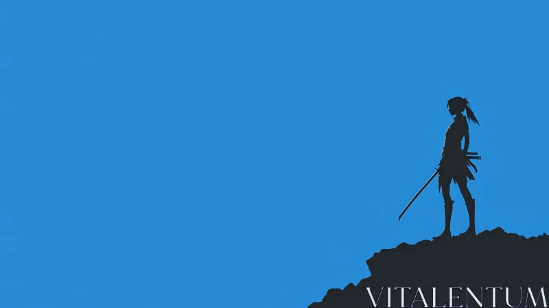 Lone samurai silhouette stands on cliff against blue sky