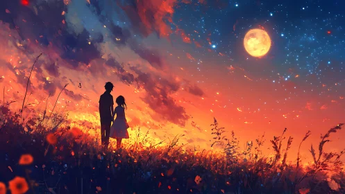 Silhouetted couple observes chromatic sunset sky under full moon